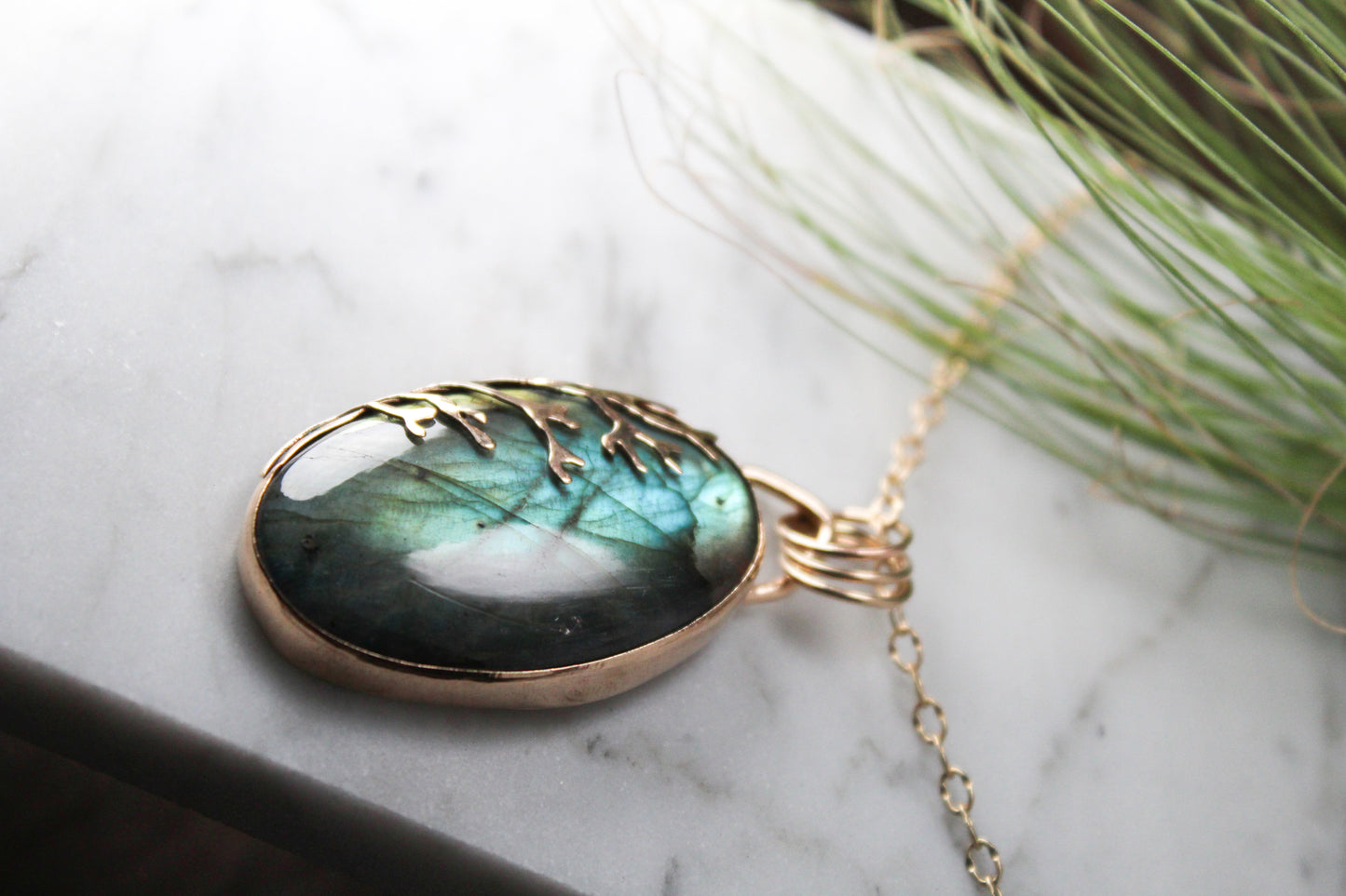 
                  
                    Oval Green Labradorite Decorative Coral Inspired Pendant in 14K Gold Fill
                  
                