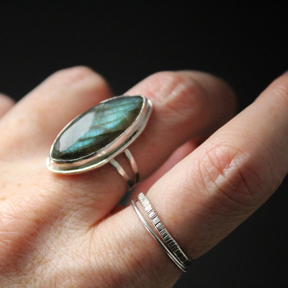 Petite Navette Labradorite Sterling Silver Ring – Size 4.75
