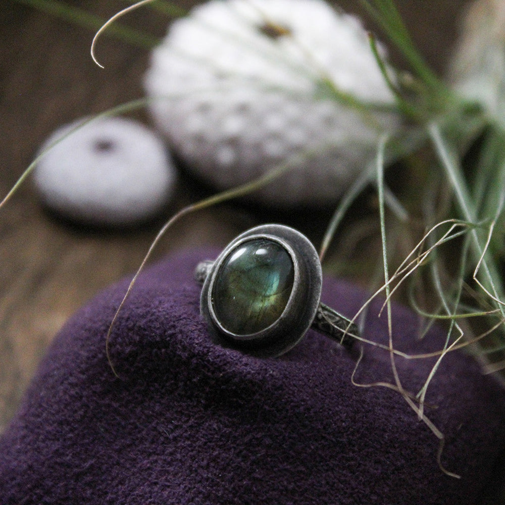 Oval Labradorite Sterling Silver Ring with Patina – Size 5.75