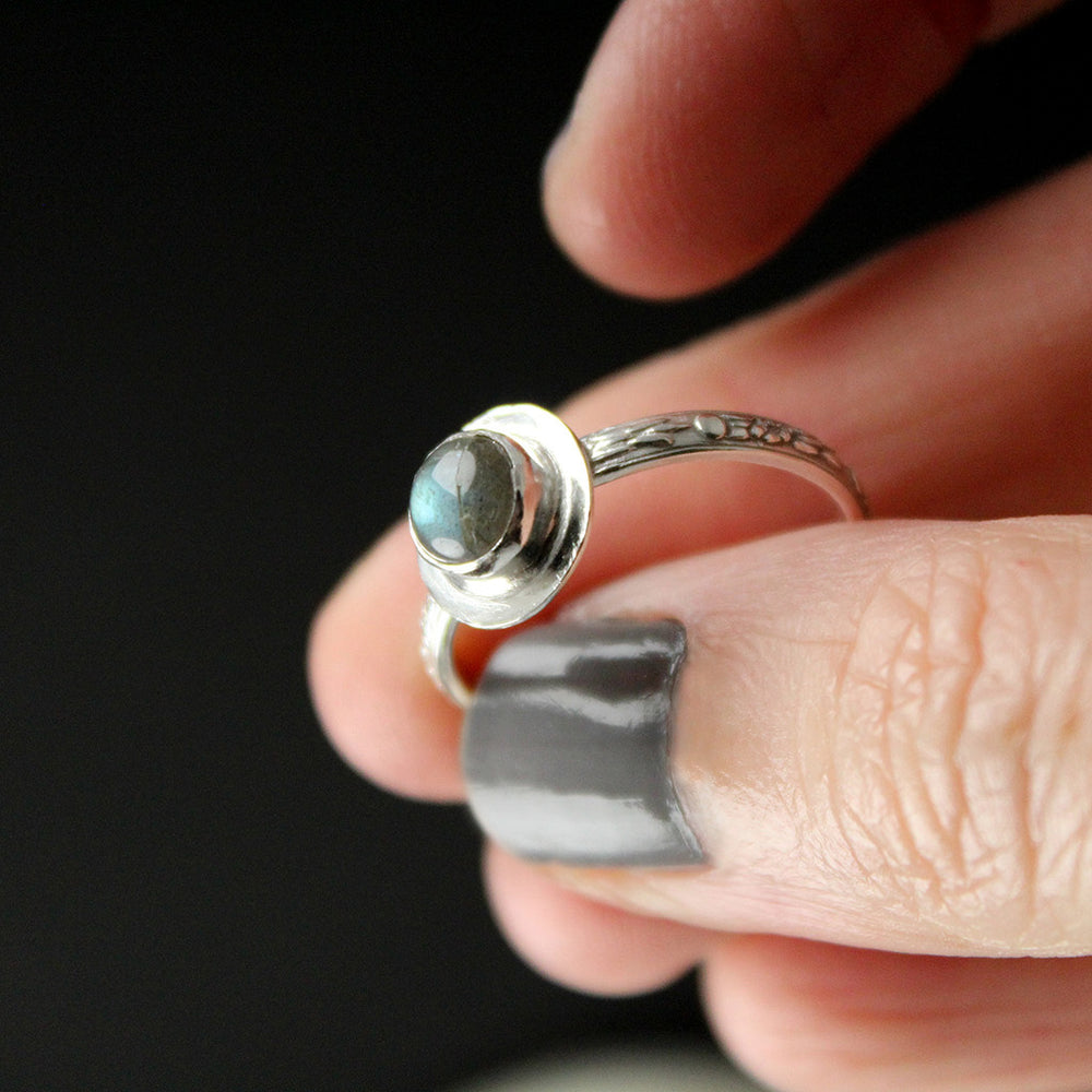 Tiny Circle Labradorite Sterling Silver Ring – Size 8