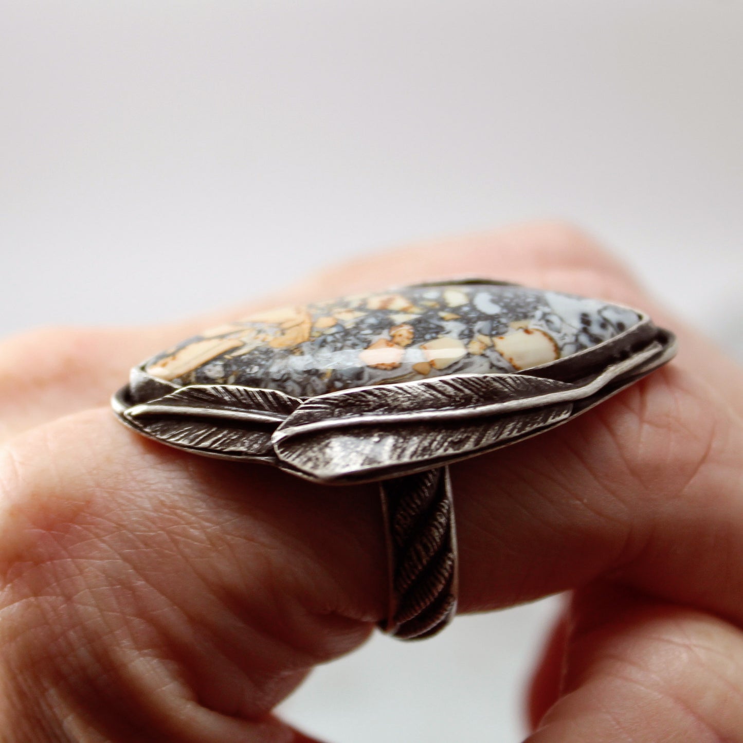 
                  
                    Maligano Jasper Navette Decorative Statement Ring with Patina– Size 8
                  
                