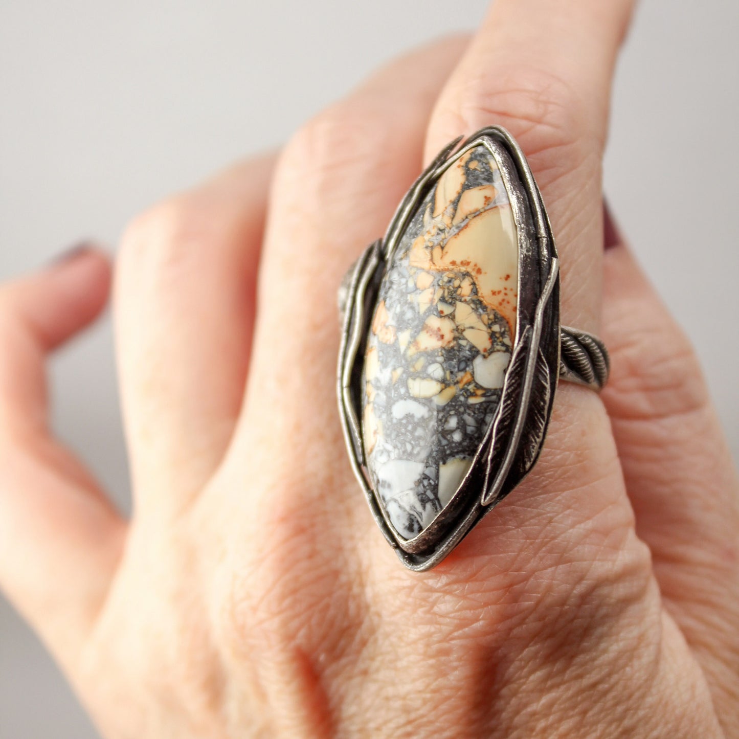 
                  
                    Maligano Jasper Navette Decorative Statement Ring with Patina– Size 8
                  
                