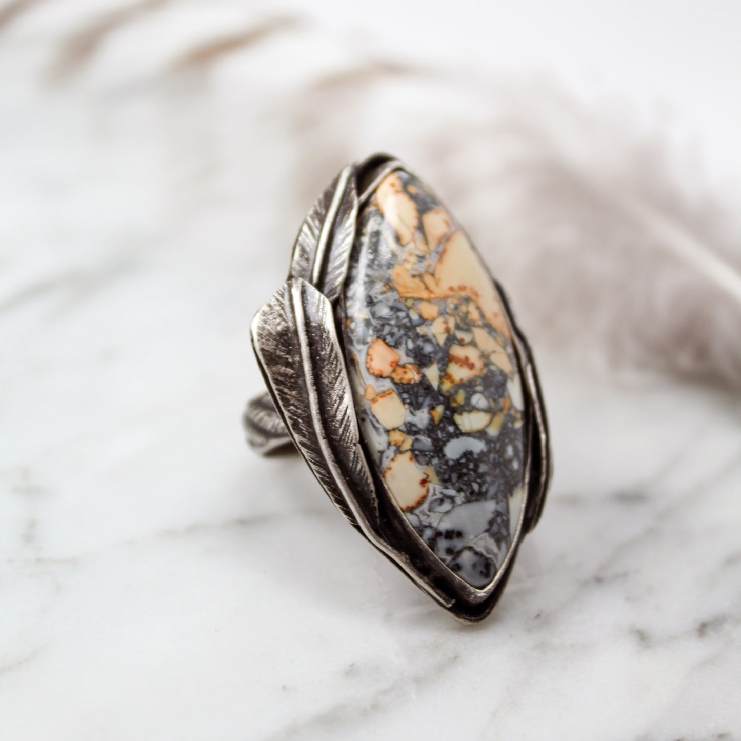 
                  
                    Maligano Jasper Navette Decorative Statement Ring with Patina– Size 8
                  
                