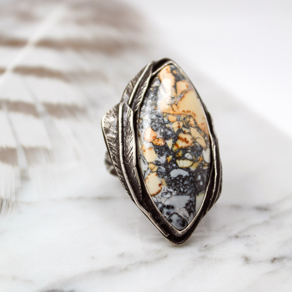 Maligano Jasper Navette Decorative Statement Ring with Patina– Size 8