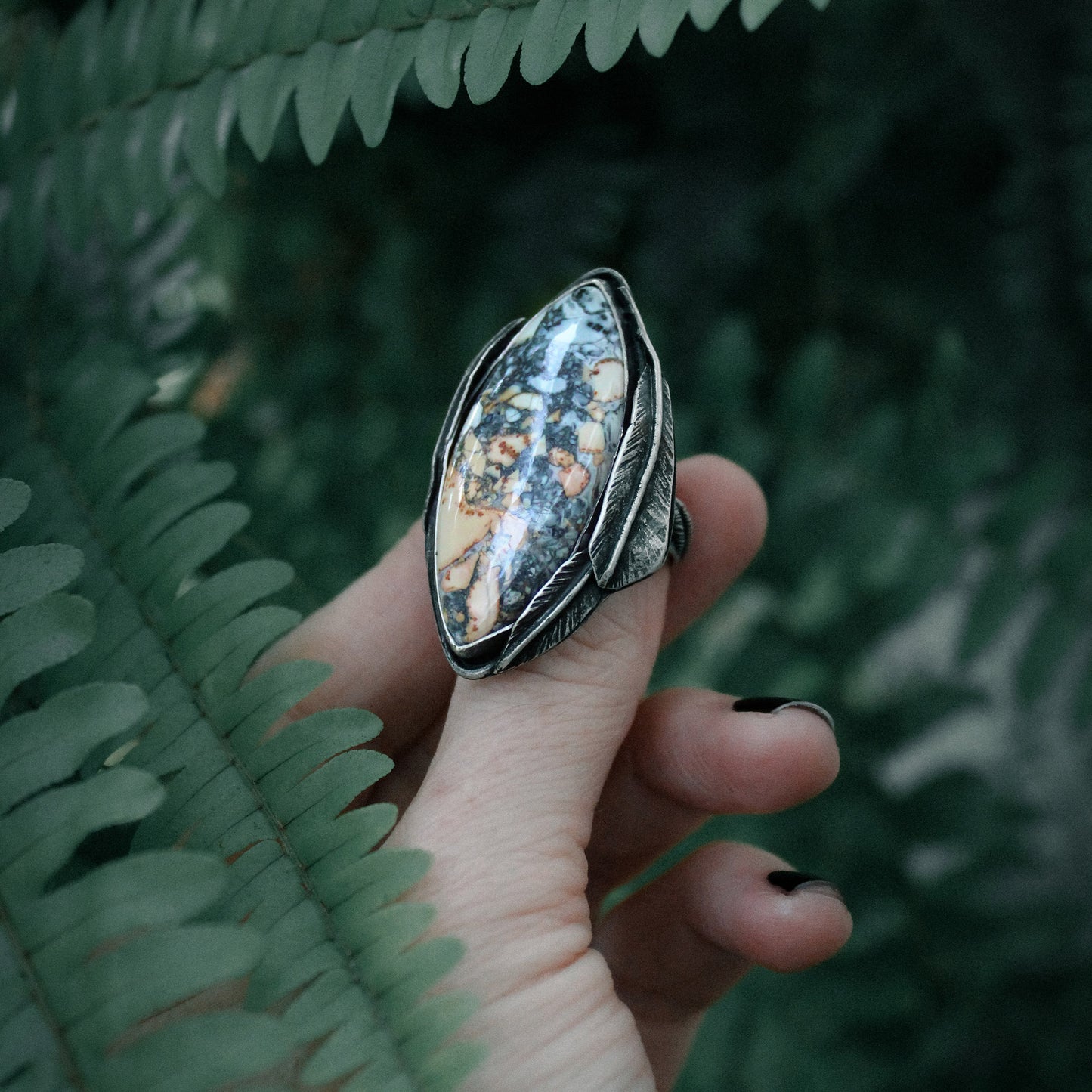 
                  
                    Maligano Jasper Navette Decorative Statement Ring with Patina– Size 8
                  
                