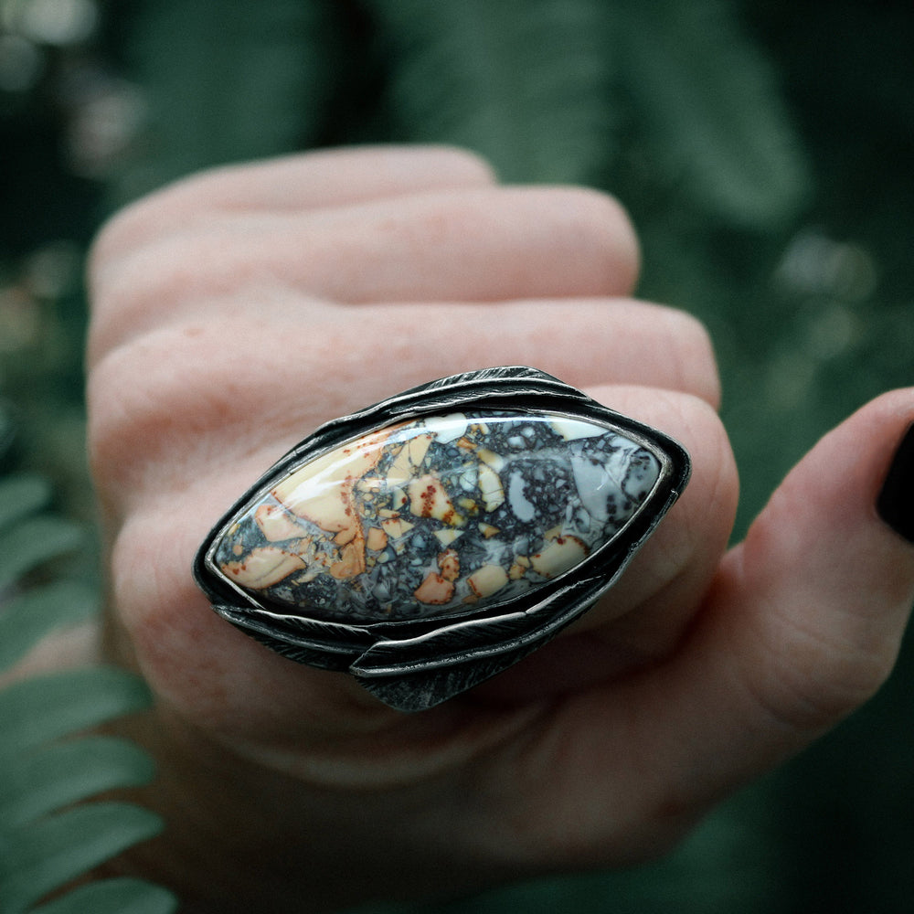 
                  
                    Maligano Jasper Navette Decorative Statement Ring with Patina– Size 8
                  
                